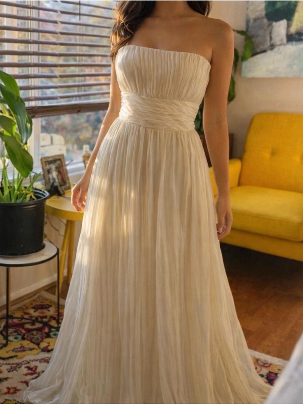 BCBGMaxAzria Strapless Pleated Ivory-Gold Gown